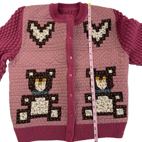 Handmade Quilted Pink Teddy Bear Heart Cottagecore Hippie Cardigan Medium - Picture 13 of 14